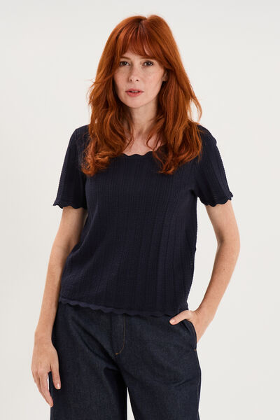 Pull col rond textur&eacute; manches courtes bleu fonc&eacute; femme