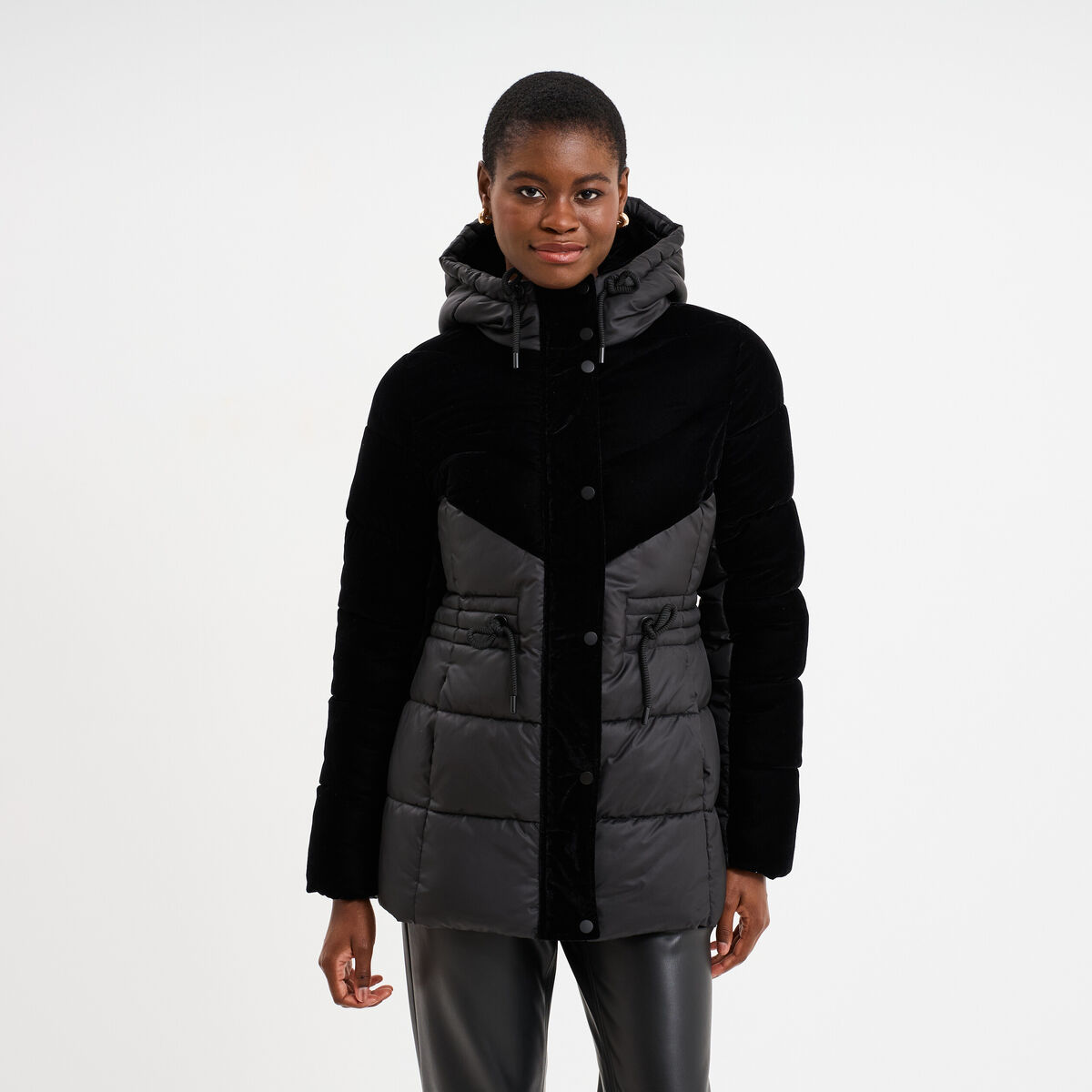 Doudoune bi-mati&egrave;re effet velours noir femme