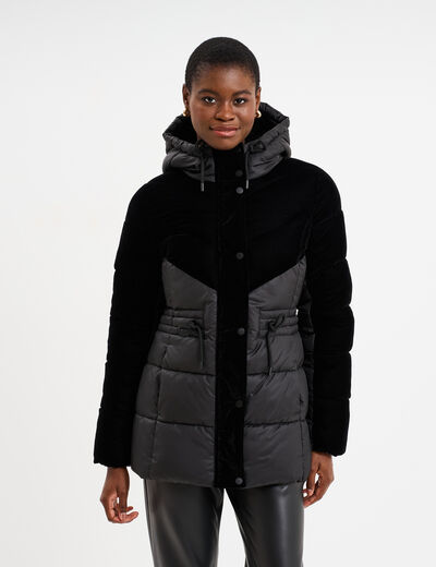 Doudoune bi-mati&egrave;re effet velours noir femme