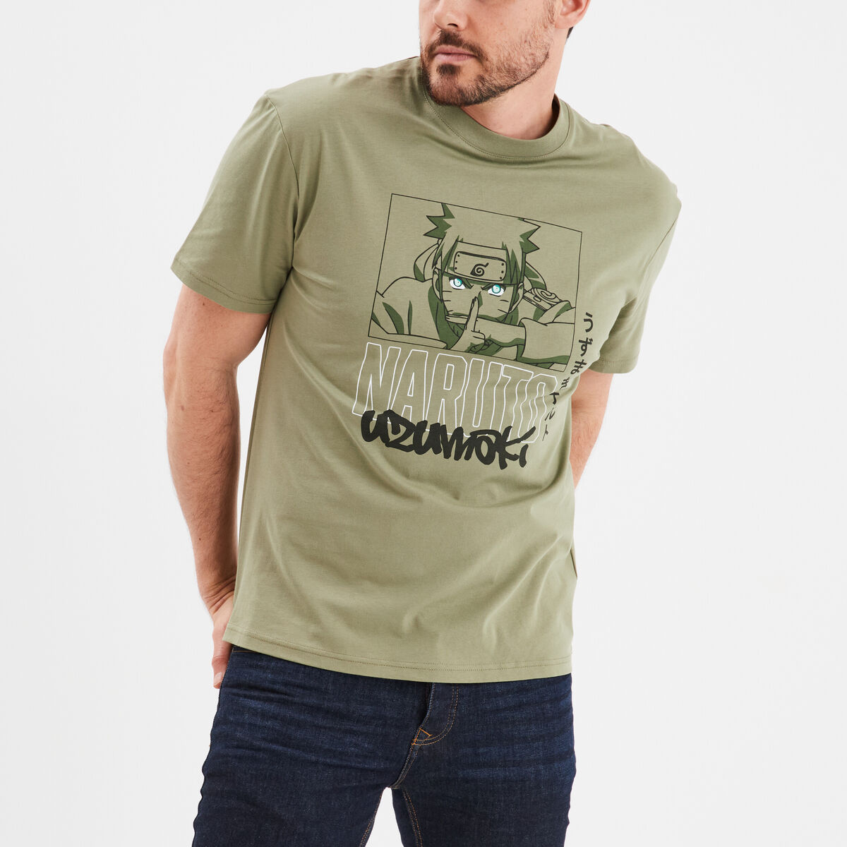 T-shirt manches courtes Naruto vert kaki homme