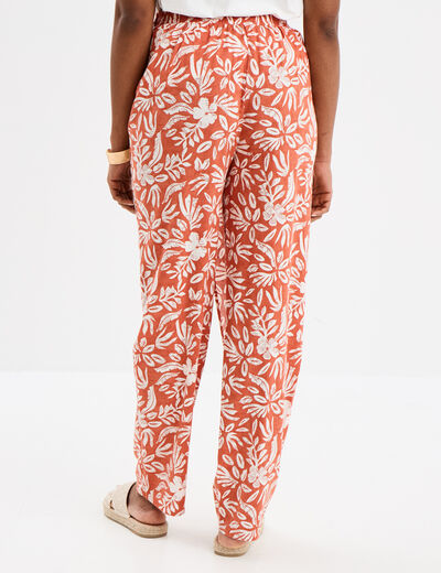 Pantalon avec pan noué mélange lin terracotta femme