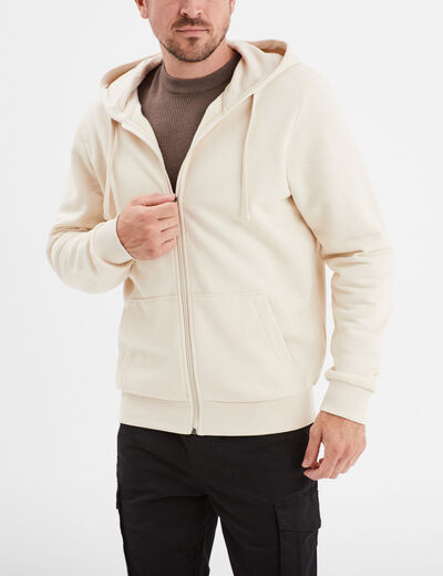 Sweat zippé molleton à capuche ecru homme