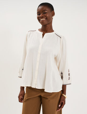 Blouse brod&eacute;e oversize manches 3/4 ecru femme