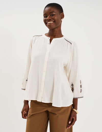 Blouse brod&eacute;e oversize manches 3/4 ecru femme