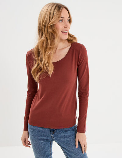 T-shirt coton col rond manches longues marron cognac femme