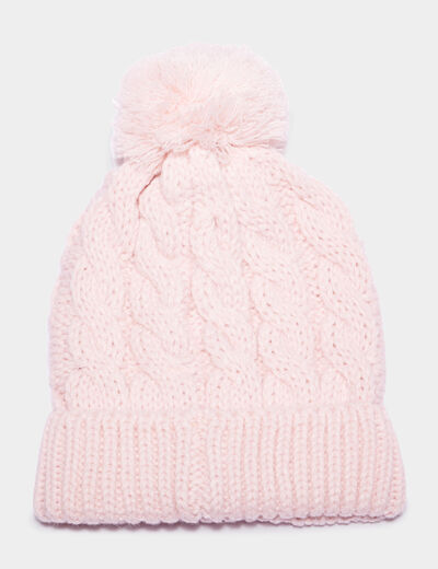 Bonnet tricoté à pompon rose bébé fille