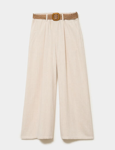 Pantalon large &agrave; pinces ceinture tress&eacute;e beige femme