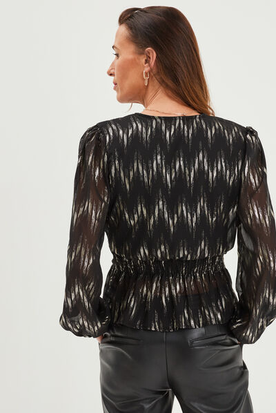 Blouse cintrée col cache-coeur noir femme