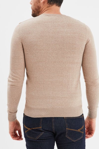 Pull droit col rond coton m&eacute;lang&eacute; beige homme