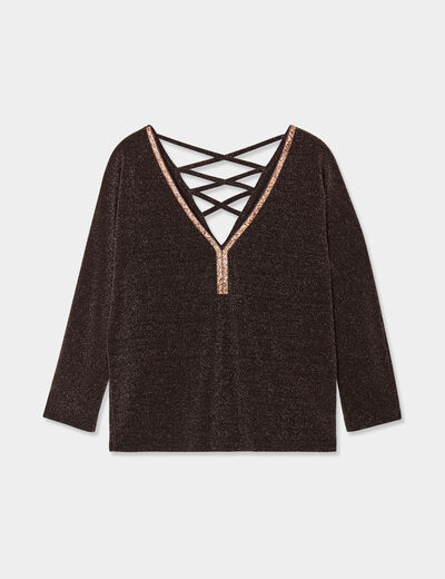 T-shirt dos en V avec laçage manches 3/4 terracotta femme