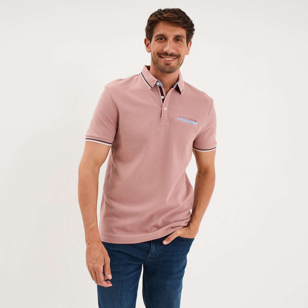 Polo piqu&eacute; manches courtes coton vieux rose homme