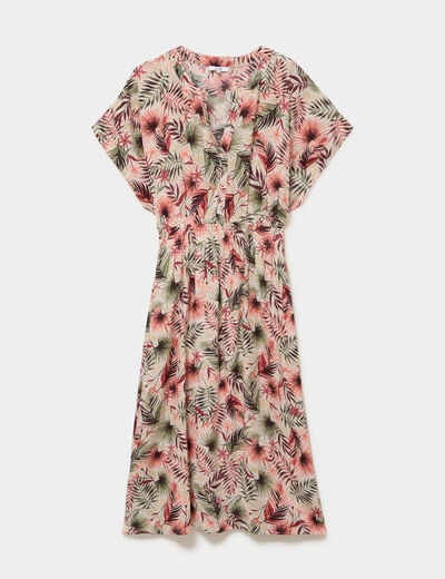 Robe longue col tunisien taille smock&eacute;e beige femme grande taille