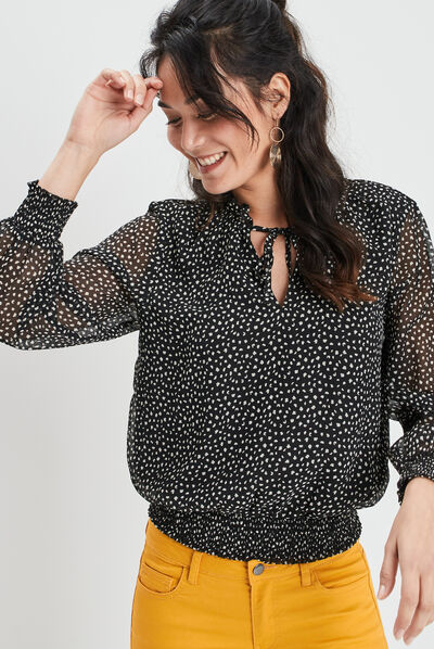 Blouse manches longues col montant noir femme