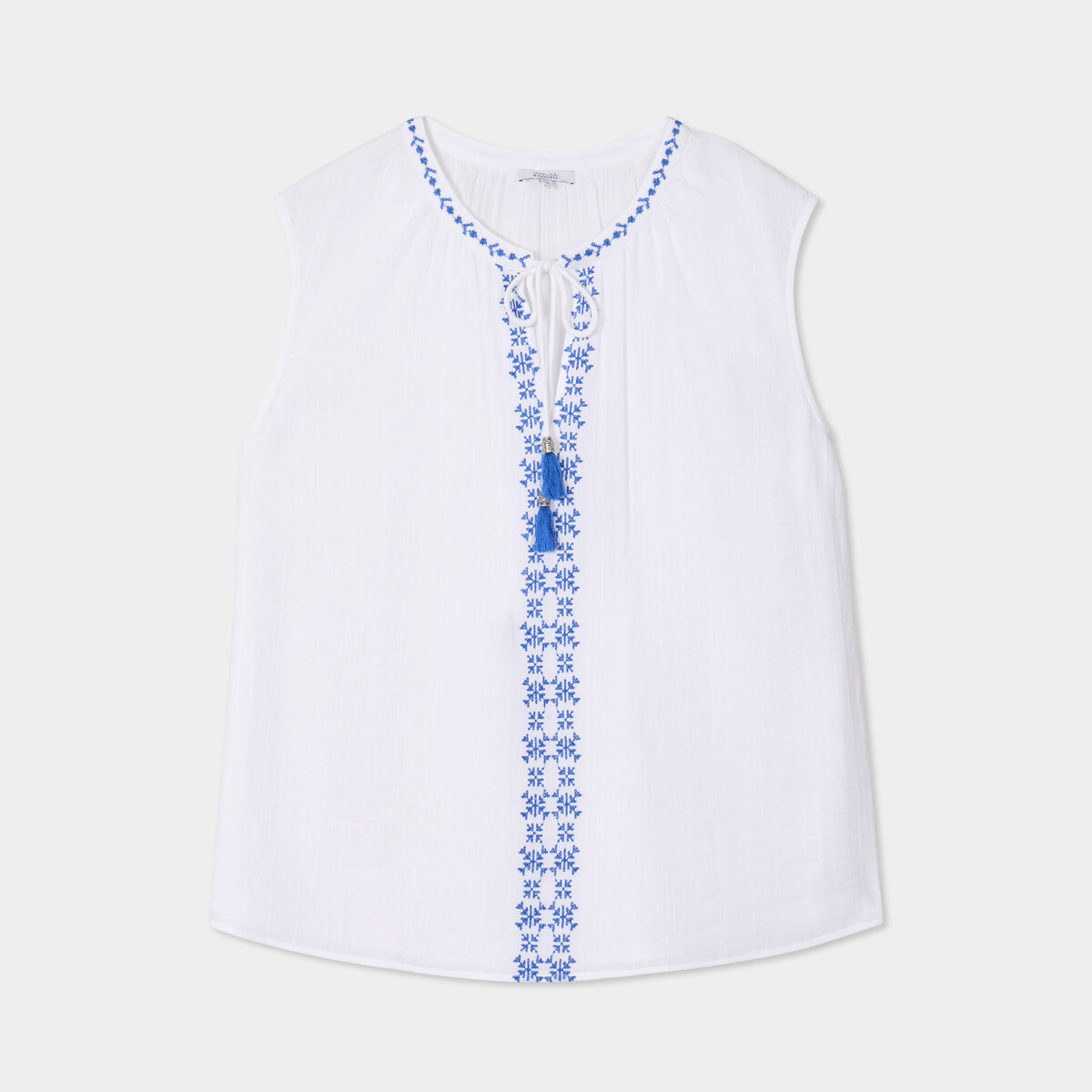 Blouse brodée col tunisien coton blanc femme grande taille
