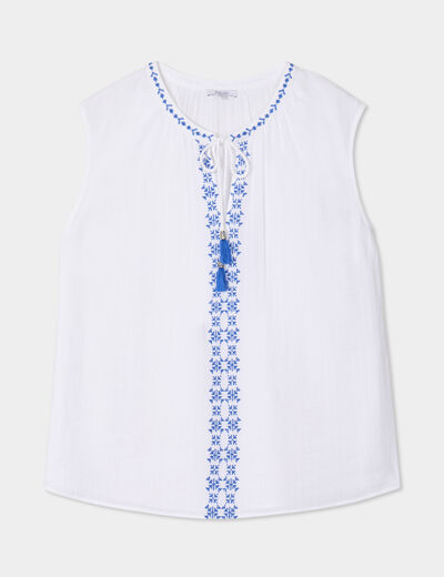 Blouse brodée col tunisien coton blanc femme grande taille