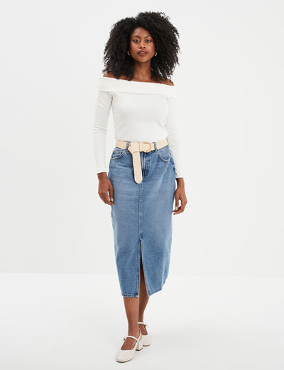 Jupe midi fendue en jean coton denim double stone femme