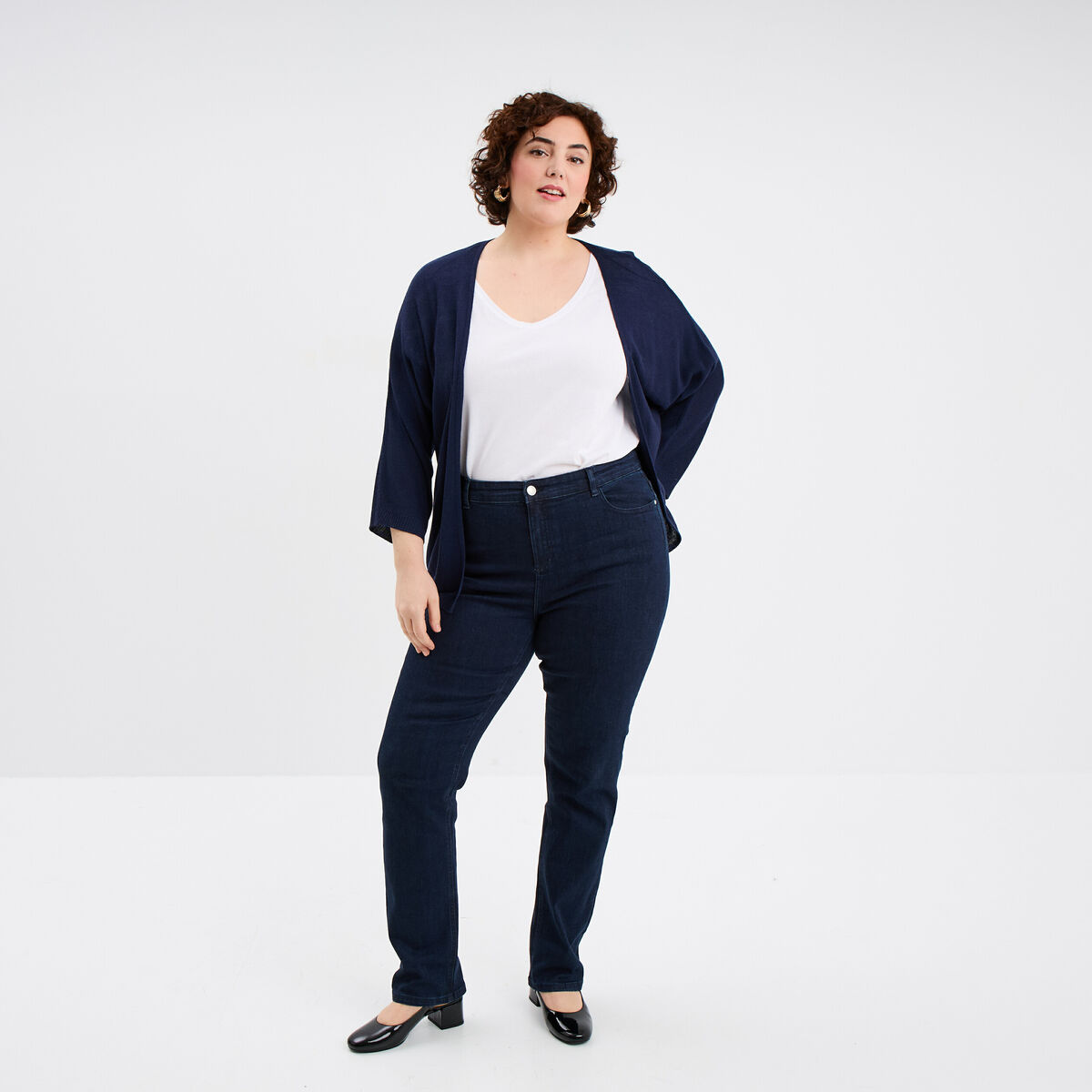Gilet col ouvert manches 3/4 bleu marine femme grande taille