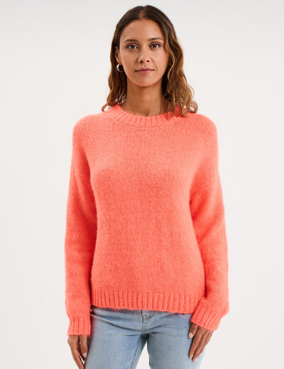 Pull col rond manches longues rose fluo femme