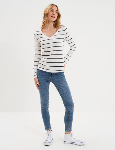 T-shirt col en V manches longues ecru femme
