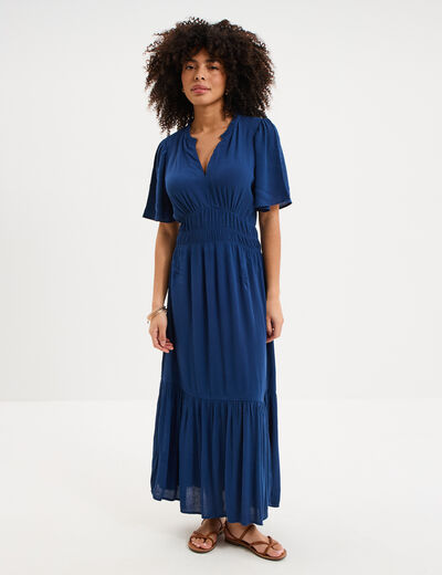 Robe longue col tunisien manches courtes bleu marine femme