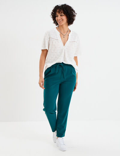 T-shirt broderie anglaise col tunisien blanc femme