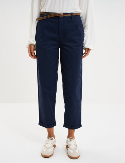 Pantalon chino regular ceinture tress&eacute;e bleu marine femme