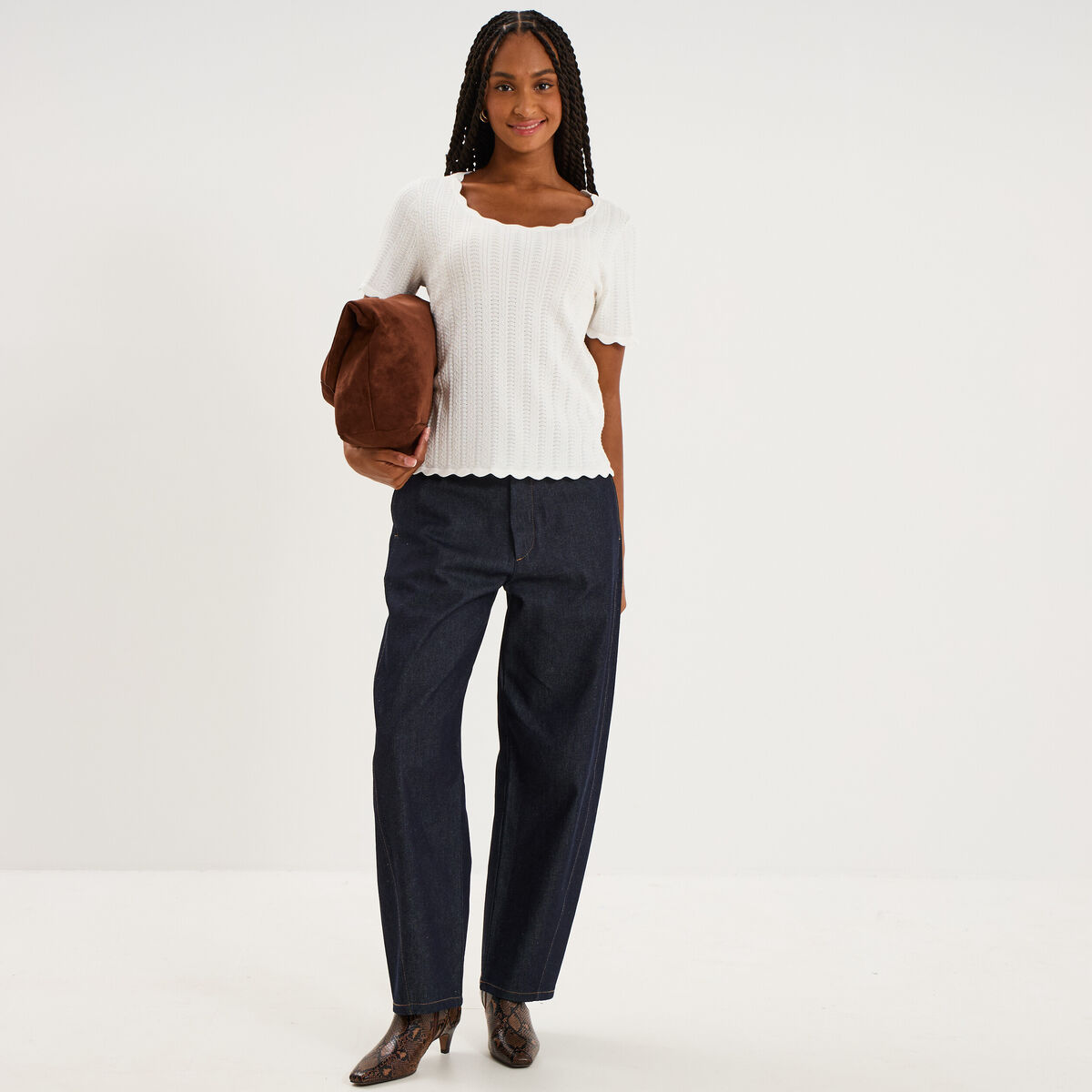Pull col rond textur&eacute; manches courtes blanc femme