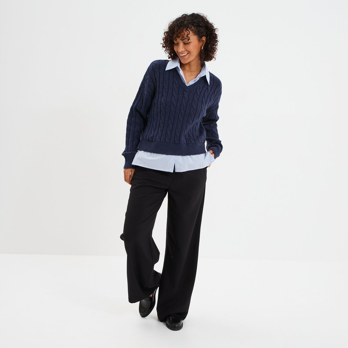 Pull torsades effet 2-en-1 chemise bleu marine femme