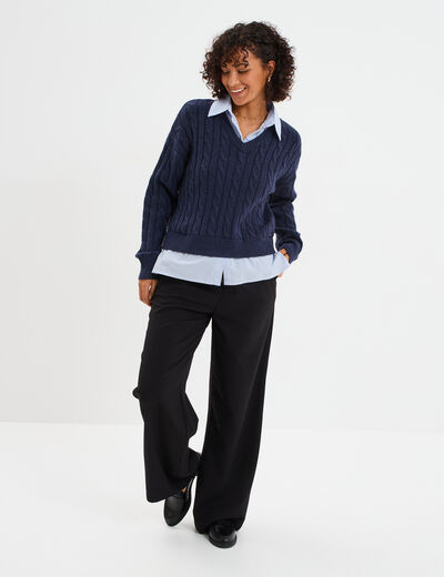 Pull torsades effet 2-en-1 chemise bleu marine femme
