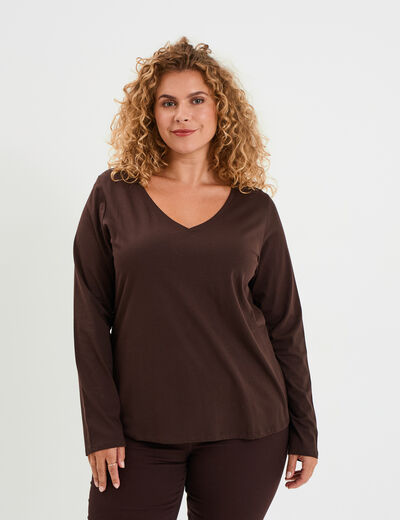T-shirt col en V manches longues coton marron foncé femme grande taille