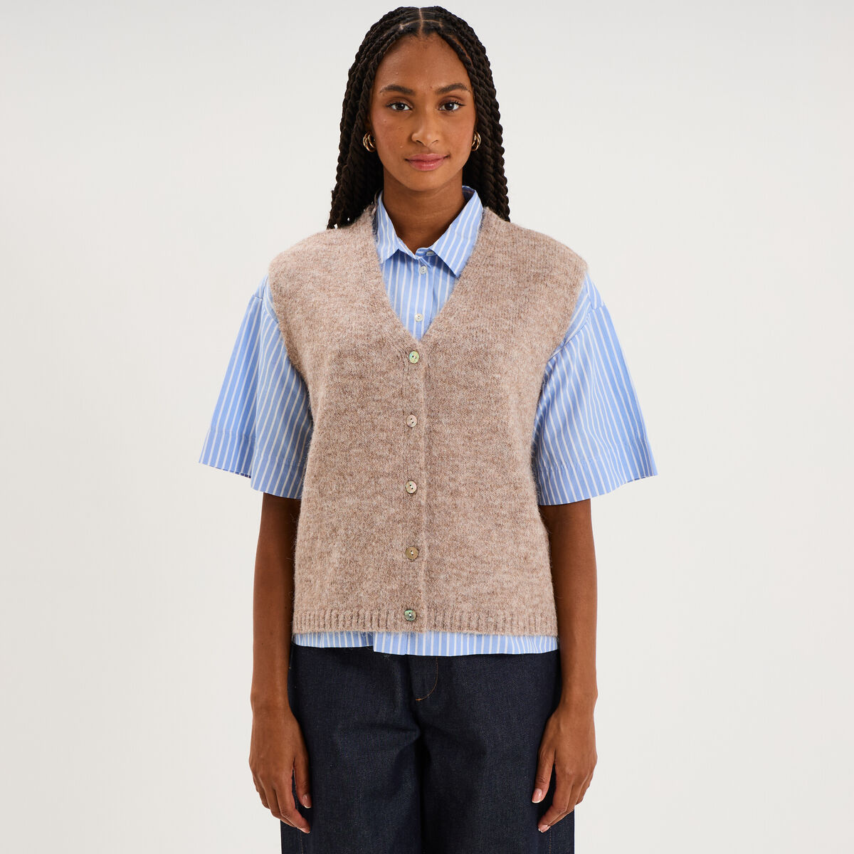 Gilet sans manches col en V beige femme