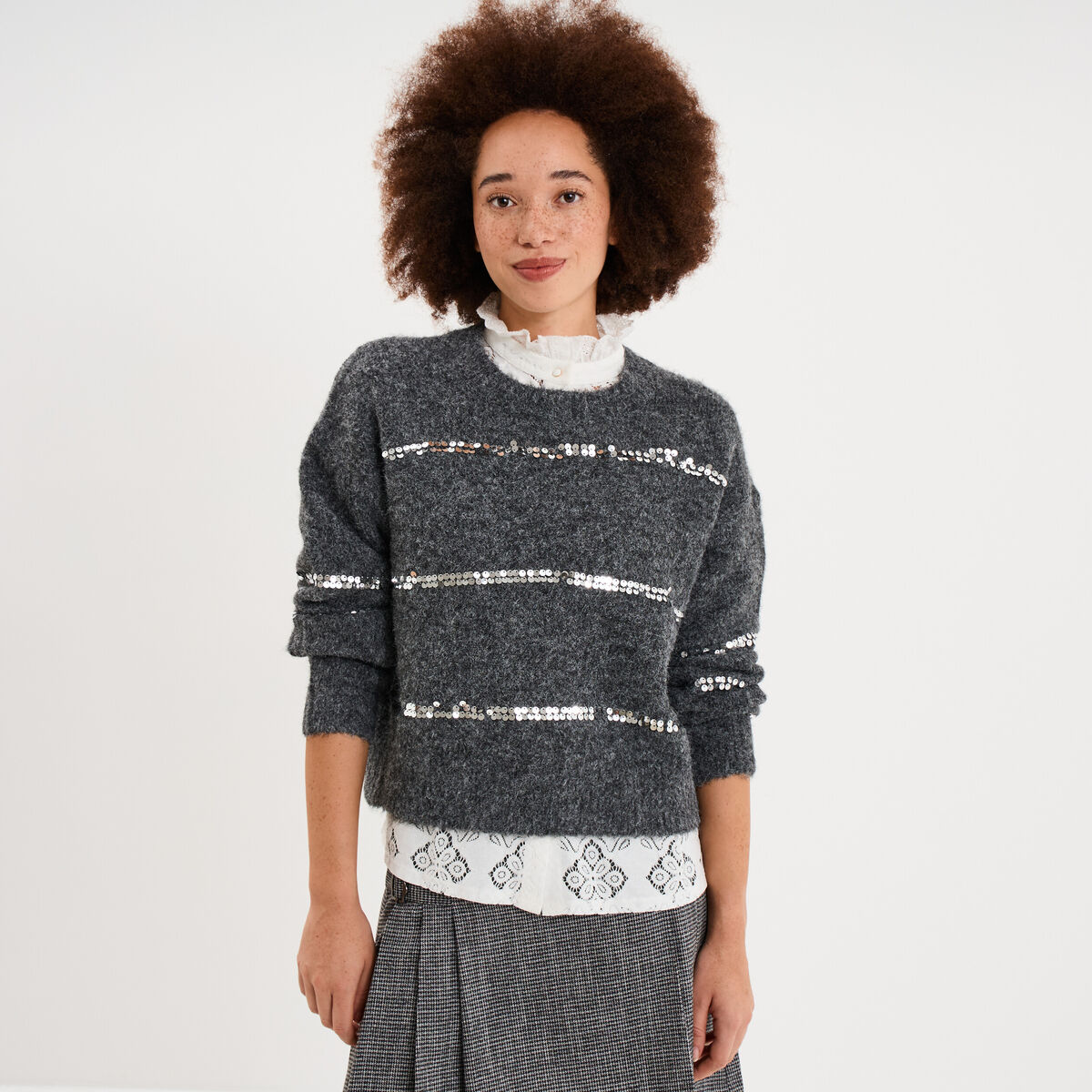Pull col rond &agrave; sequins manches longues gris femme