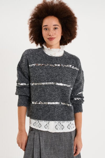 Pull col rond &agrave; sequins manches longues gris femme