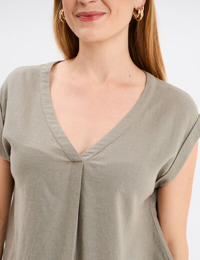 Blouse col V manches courtes lin mélangé vert kaki femme