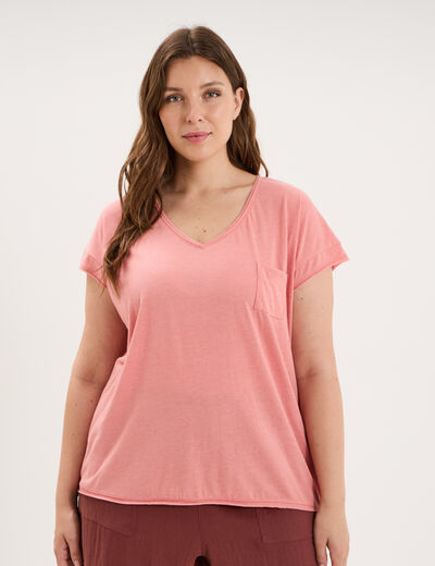 T-shirt effet chin&eacute; col en V avec poche rose vif femme grande taille