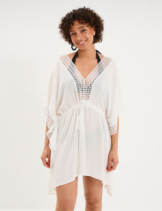 Robe de plage d&eacute;tails macram&eacute; ivoire femme
