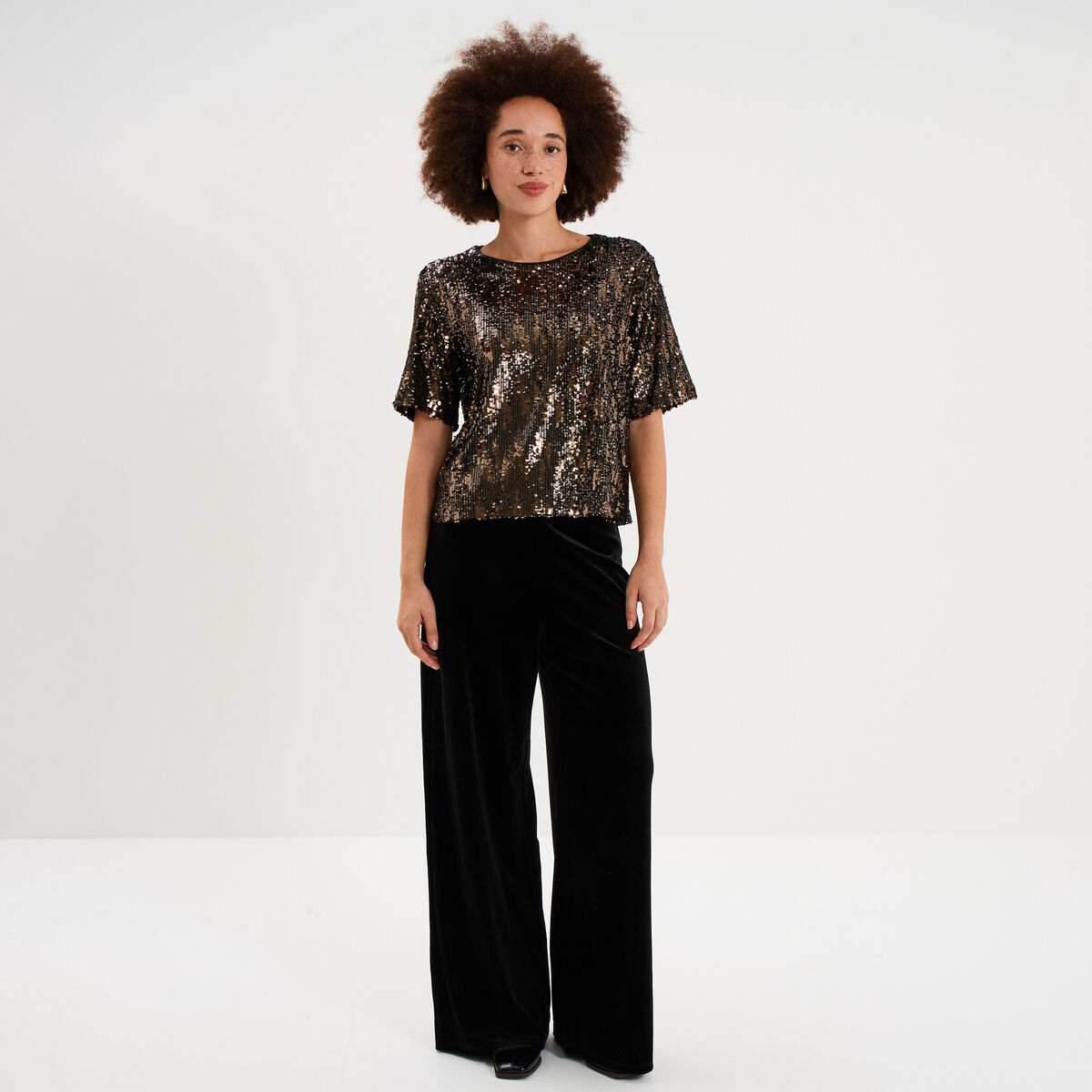 T-shirt &agrave; sequins manches courtes couleur cuivre femme
