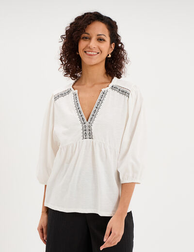 Blouse col tunisien brod&eacute; coton blanc femme