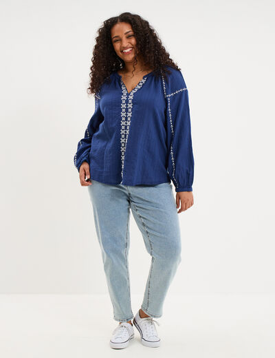 Blouse brod&eacute;e manches longues coton bleu marine femme grande taille