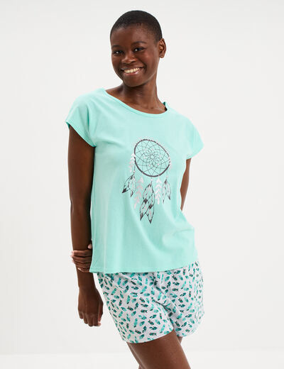 Ensemble pyjama avec t-shirt et short bleu turquoise femme