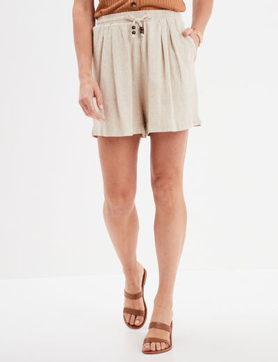 Short en lin large taille à coulisse beige femme