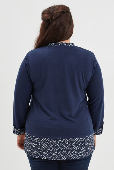 Pull col bijou effet 2-en-1 manches 3/4 bleu marine femme grande taille