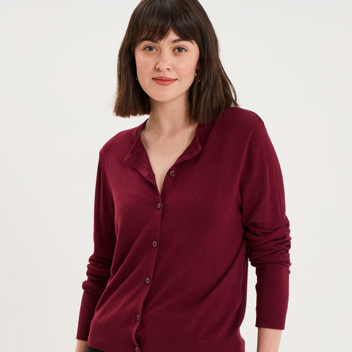 Gilet col rond manches longues bordeaux femme