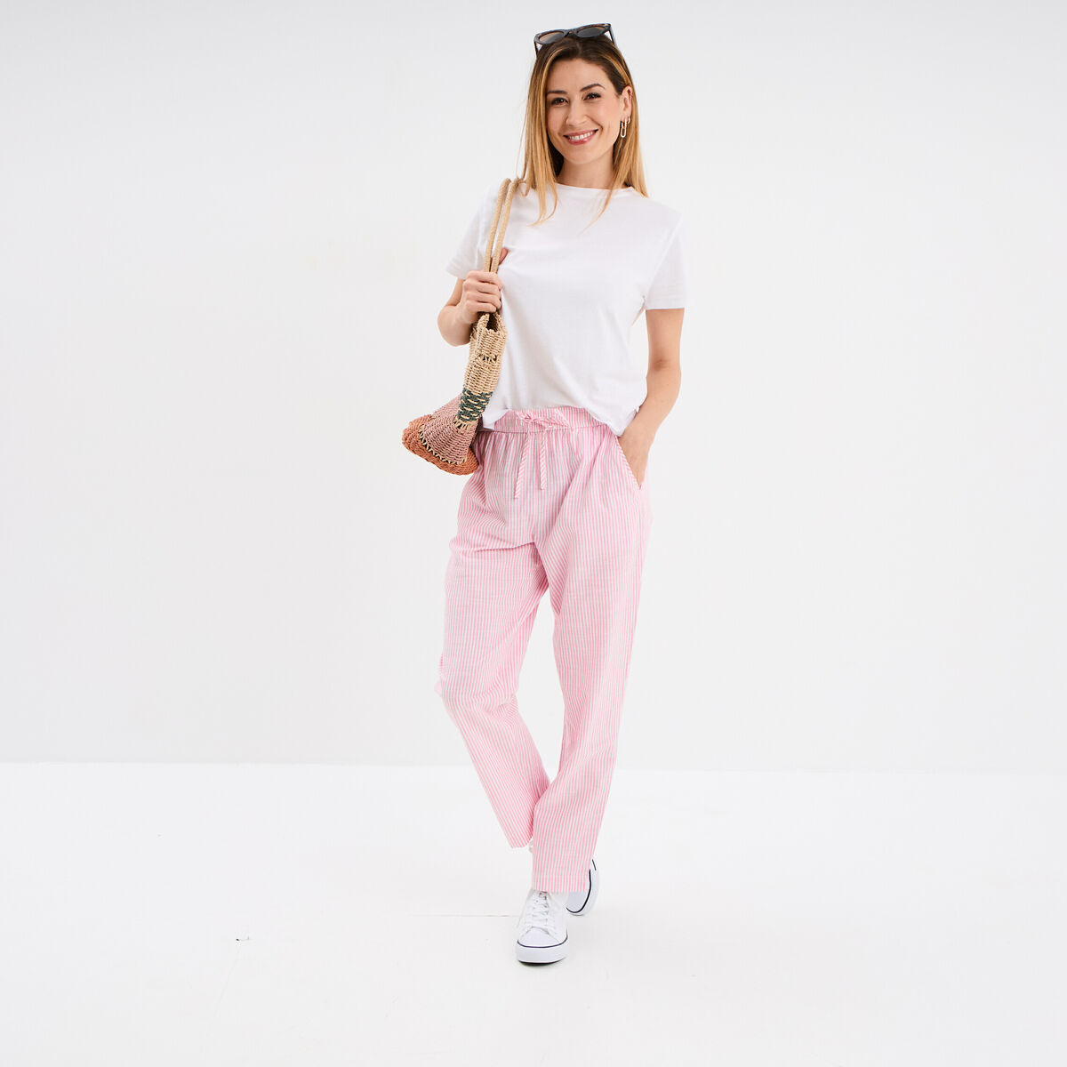 Pantalon cigarette coton élastiqué rose clair femme
