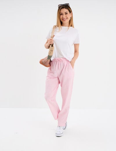 Pantalon cigarette coton élastiqué rose clair femme