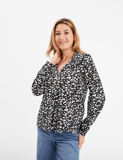 Blouse effet satin col en V à revers noir femme