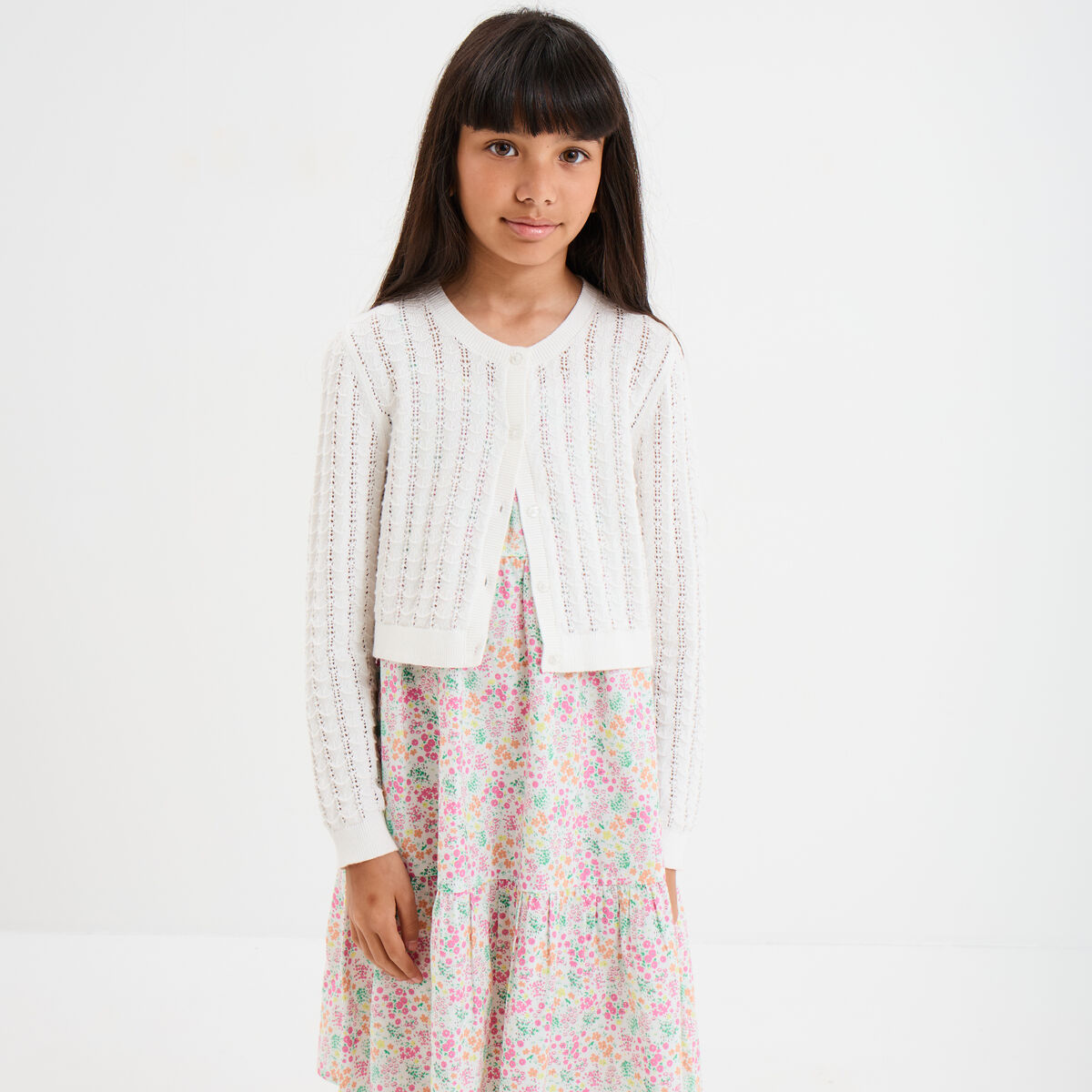 Gilet court manches longues coton ivoire fille