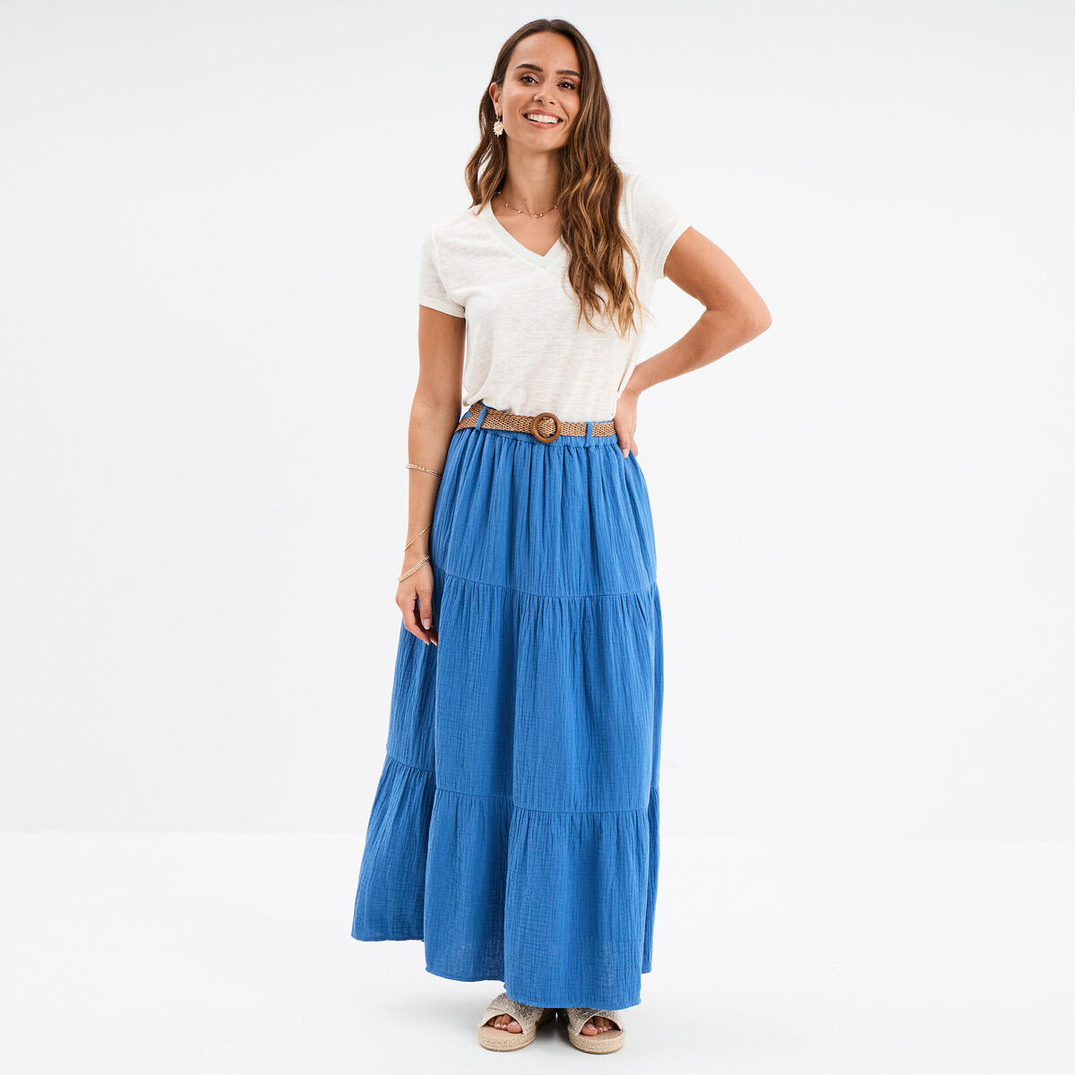 Jupe longue gaze de coton ceintur&eacute;e bleu fonc&eacute; femme