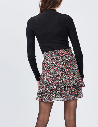 Pull ajusté côtelé col montant noir femme