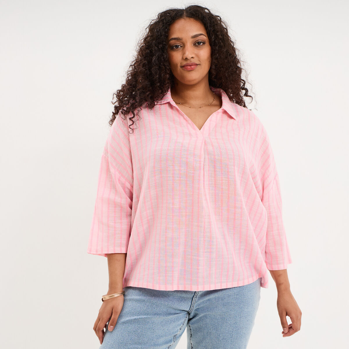 Blouse oversize manches 3/4 coton rose femme grande taille